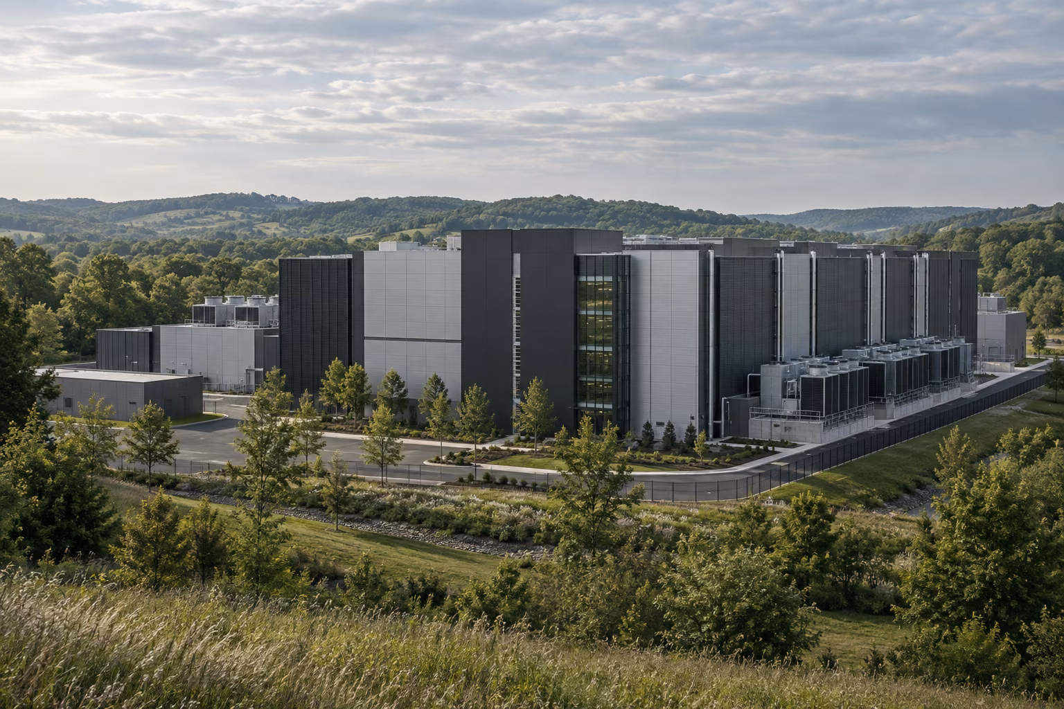 Conceptual view of a modern data center surrounded by green countryside