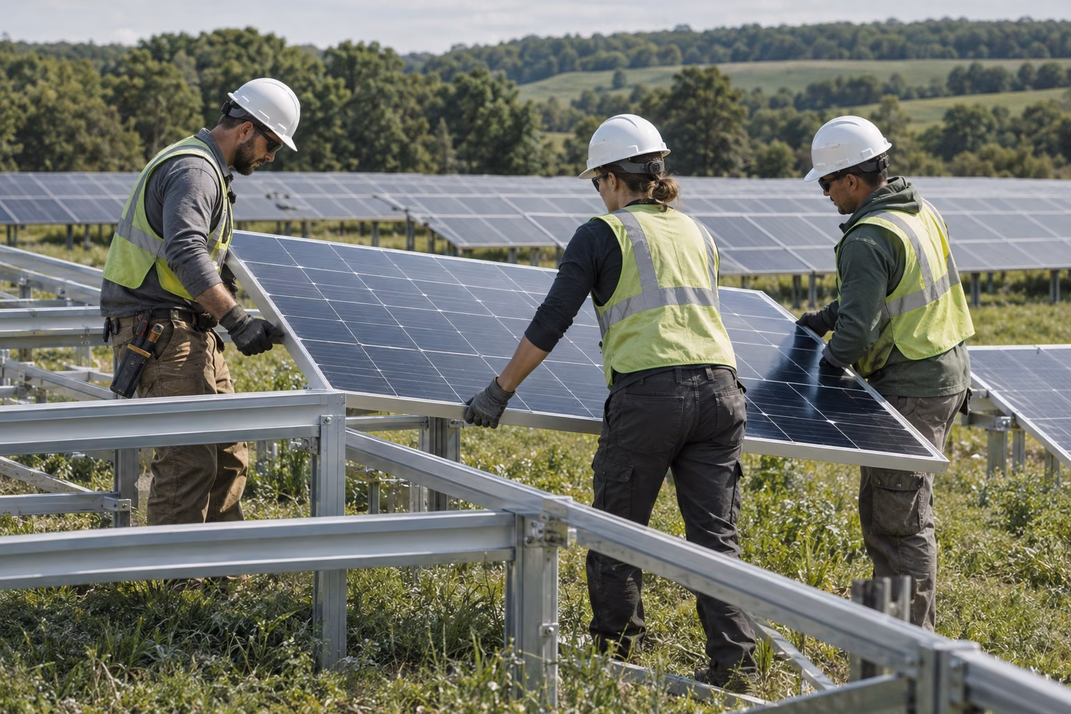 Conceptual view of a crew installing panels on a ground-mounted solar array
